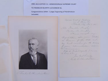 1901 Autograph, Letter, Signed, (ALS), Justice C.E. Hendrickson, N.J. Supreme Court to Franklin