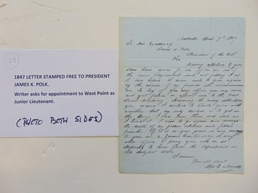 1847 letter stamped free to President James K. Polk, Writer asks for appointment to West Point as