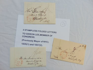Lot 3 stampless folded letters to Gideon Lee, member of congress, was previously mayor of NYC, 2 are