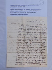 Letter dated 1842 from Thaddeus Stevens, postmarked Harrisburg, marked paid, Stevens was a member of