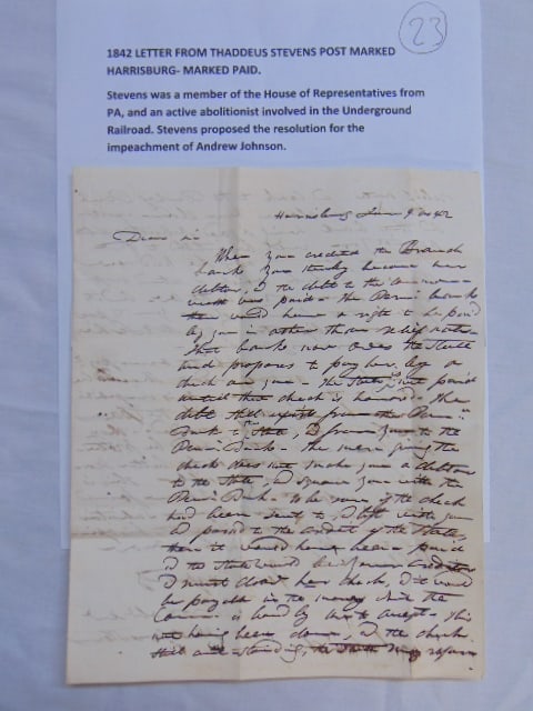 Letter dated 1842 from Thaddeus Stevens, postmarked Harrisburg, marked paid, Stevens was a member of (1 of 5)