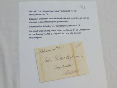 1803 letter from Jonathan Trumbull, 1740-1809, Lebanon, CT, discussing shipments from Philadelphia