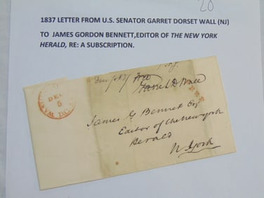 1837 letter from U.S. senator Garrett Dorset Wall (NJ), to James Gordon Bennett, editor of the New