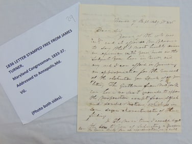 1836 letter stamped free from James Turner, Maryland Congressman, 1833-37.