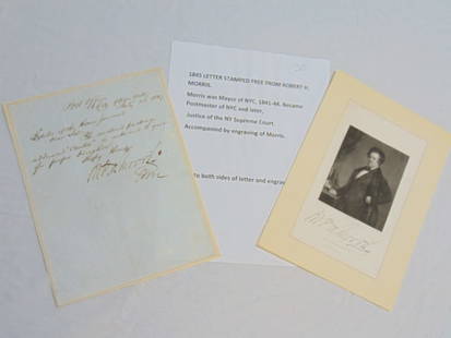 1845 Letter stamped free from Robert H. Morris, Morris was Mayor of New York City, 1841-1844, later: 1845 Letter stamped free from Robert H. Morris, Morris was Mayor of New York City, 1841-1844, later became postmaster and Justice of the New York Supreme Court, also includes engraving by Morris
