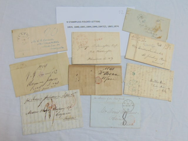 9 stampless folded letters, dates range from 1835 to 1874, various subjects including European, St.: 9 stampless folded letters, dates range from 1835 to 1874, various subjects including European, St. Johnsbury Plain, Vermont, Cognac, France, Rheims, France, Havanna, New Bradford, Mass, more