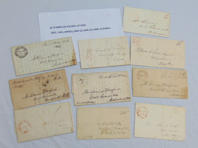 10 stampless folded letters, dates range from 1822 to 1848, one is illegible, various subjects,: 10 stampless folded letters, dates range from 1822 to 1848, one is illegible, various subjects, Worcester, Mass, East Granville (several), Mass, New Haven CT, Philadelphia, more
