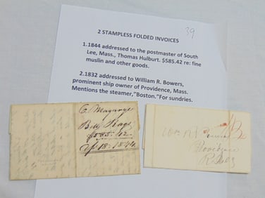 2 stampless folded invoices, 1844 addressed to the postmaster of South Lee, Mass, Thomas Hulburt,