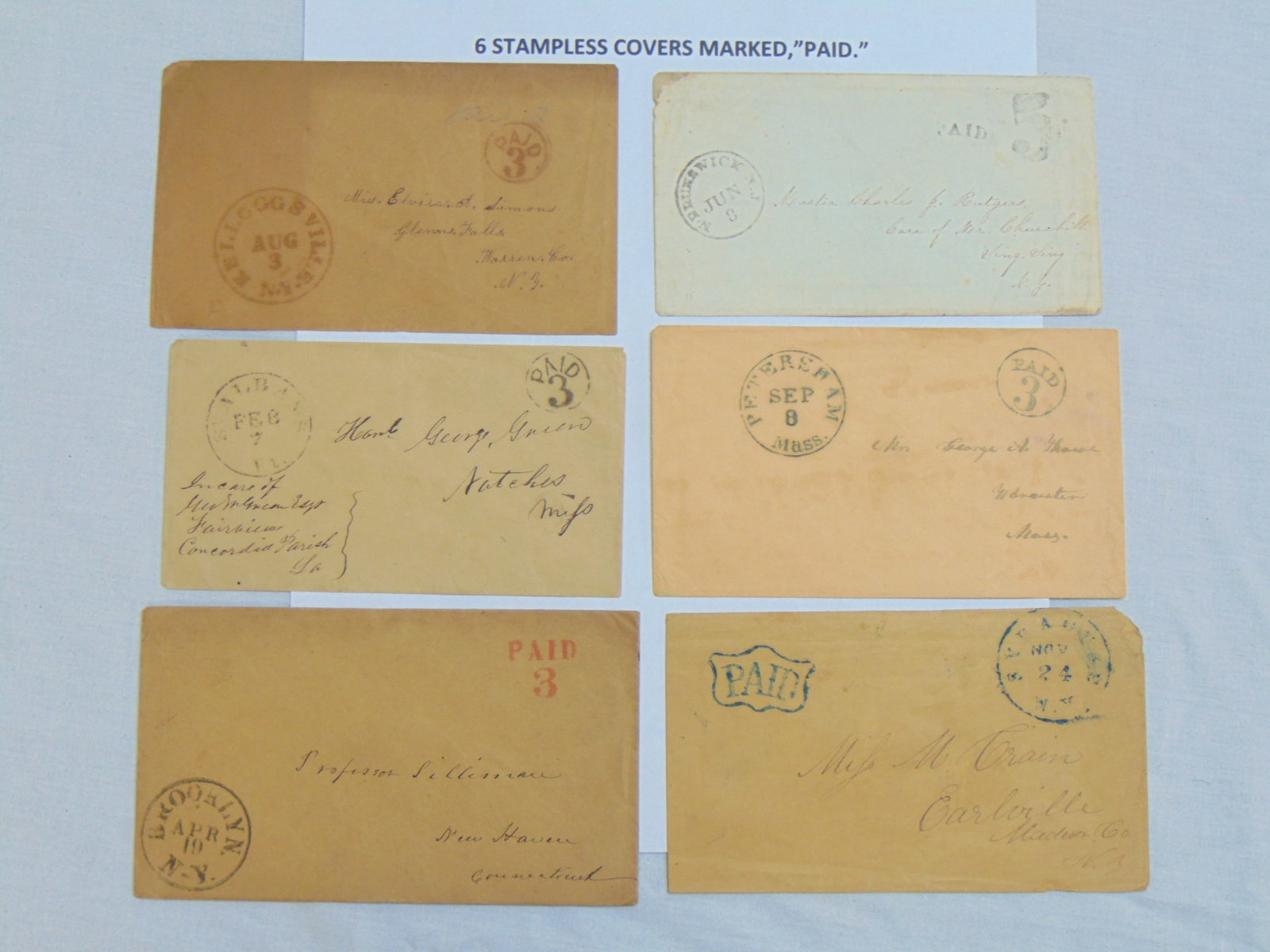 6 stampless covers marked "Paid" (1 of 7)