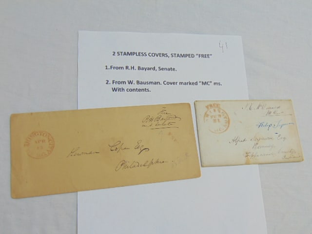 2 stampless covers, stamped "Free" includes one from R.H. Bayard, senate & one from W. Bausman, (1 of 5)