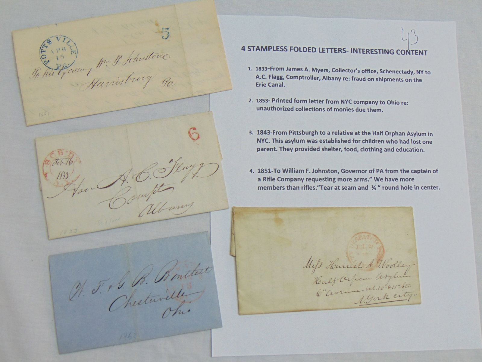 4 stampless folded letters with interesting content, includes 1833 letter from James A. Myers,: 4 stampless folded letters with interesting content, includes 1833 letter from James A. Myers, Collector's office, Schenectady, NY to A.C. Flag, Albany Comptroller regarding fraud on the Erie canal, 1