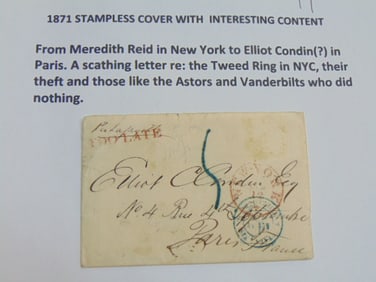 1871 stampless cover with interesting content, from Meredith Reid in NY to Elliot Condon in Paris,