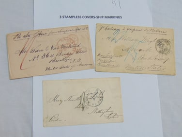 3 Stampless covers with ship markings, Nottingham, England, cover from Mrs. Van Nostrand, 364 Bridge