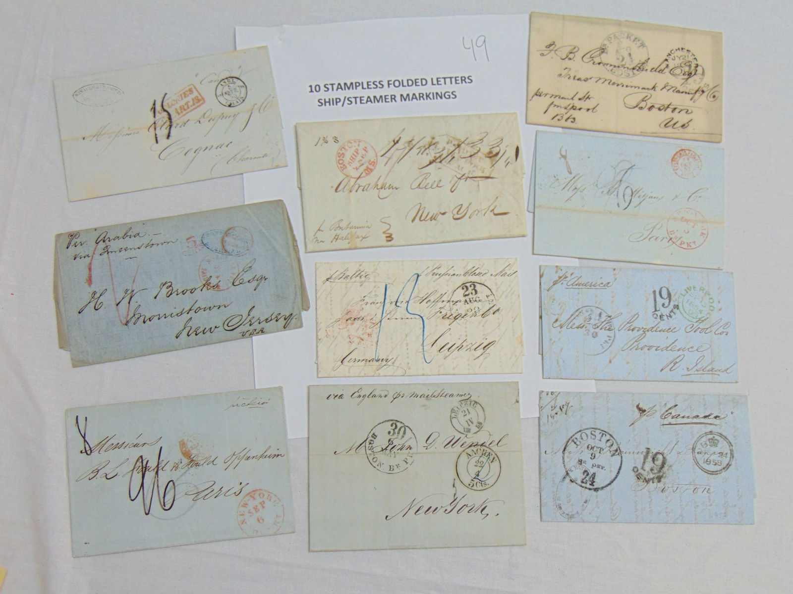 10 stampless folded letters with ship / steamer markings, Providence RI, Boston, New York, also: 10 stampless folded letters with ship / steamer markings, Providence RI, Boston, New York, also European marks, Leipzig, Cognac, more