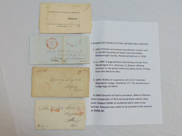 4 stampless folded letters with interesting content, includes 1835 printed election result (1 of 12)