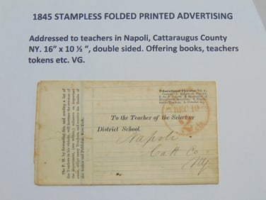 1845 stampless folded printed advertising addressed to teachers in Naply, Cattaraugus County, New