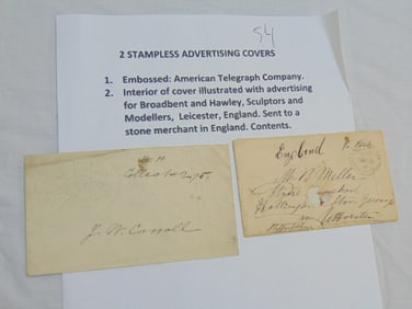 2 stampless advertising covers, embossed American Telegraph Company & Interior of cover illustrated