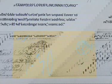 Stampless cover, Cincinnati, Ohio, bold double circle pink on unpaid cover to Wurttemberg with