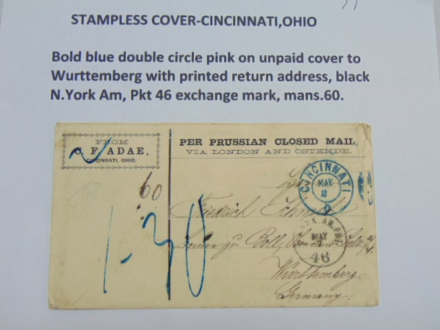 Stampless cover, Cincinnati, Ohio, bold double circle pink on unpaid cover to Wurttemberg with (1 of 6)