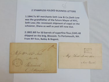 2 stampless folded business letters, 1844 letter to New York merchants Seth Low & Co (Seth Low was