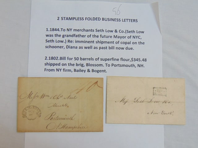2 stampless folded business letters, 1844 letter to New York merchants Seth Low & Co (Seth Low was (1 of 11)