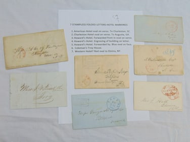 7 stampless folded letter, hotel markings, includes American hotel oval on verso, to Charleston, SC;