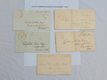 Lot of 5 stampless folded letters marked "free, Oswego, NY, Hartford, CT, one to "Nicholas Biddle