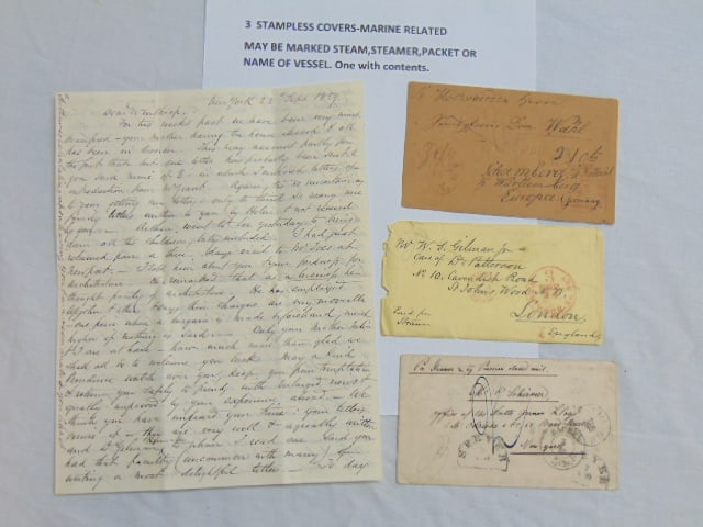 3 stampless covers, Marine related, Garman, English, with vessel marks, one contains letter (1 of 11)