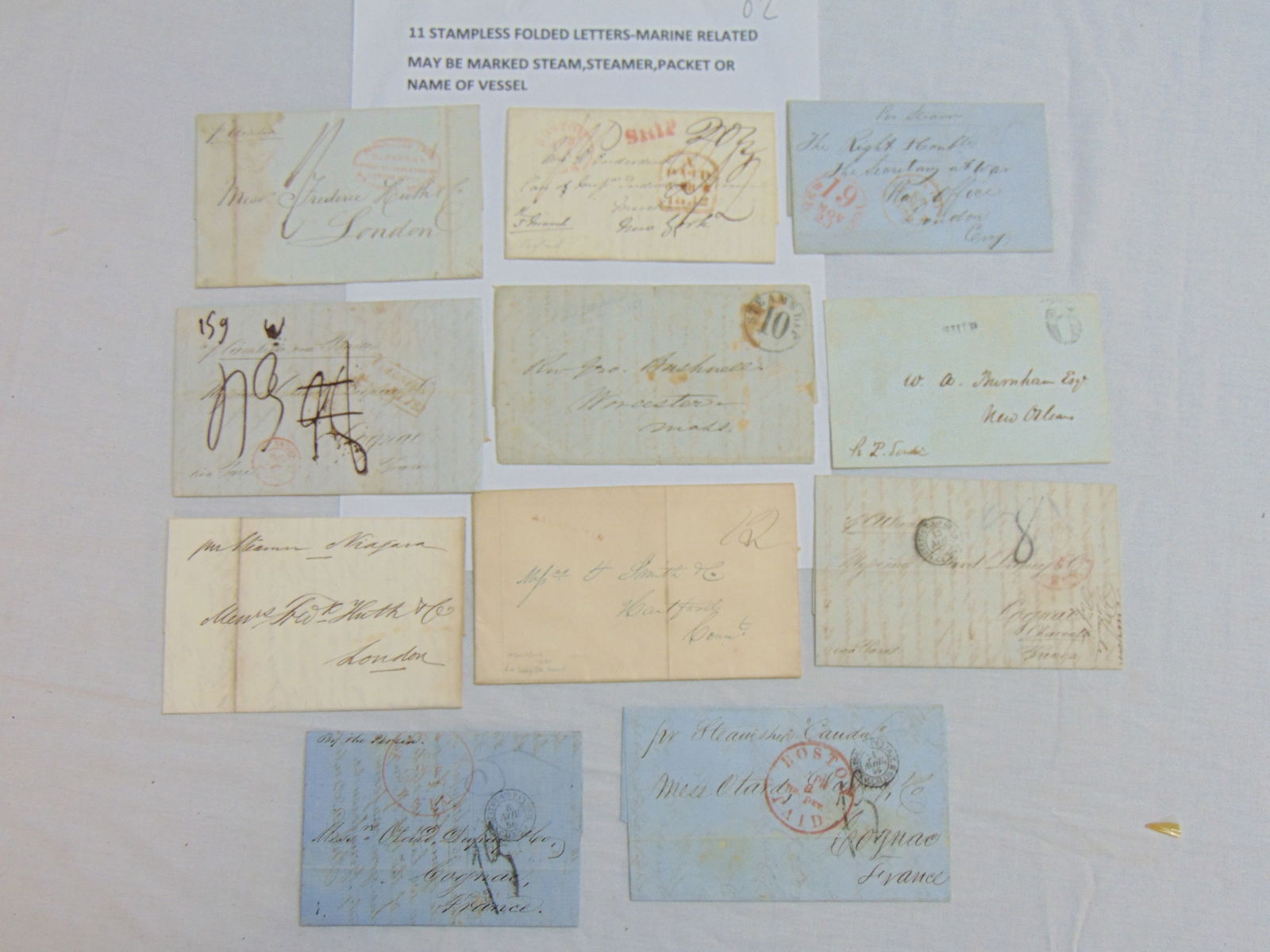 11 stampless folded letters, marine related, most are marked steam, steamer, packet or name of (1 of 17)