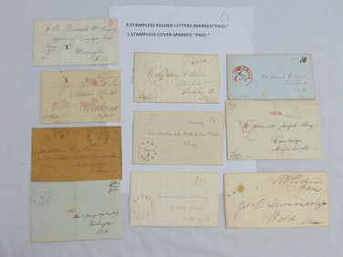 9 stampless folded letters marked "Paid" plus one marked paid, includes letter to Wm. Wright, member
