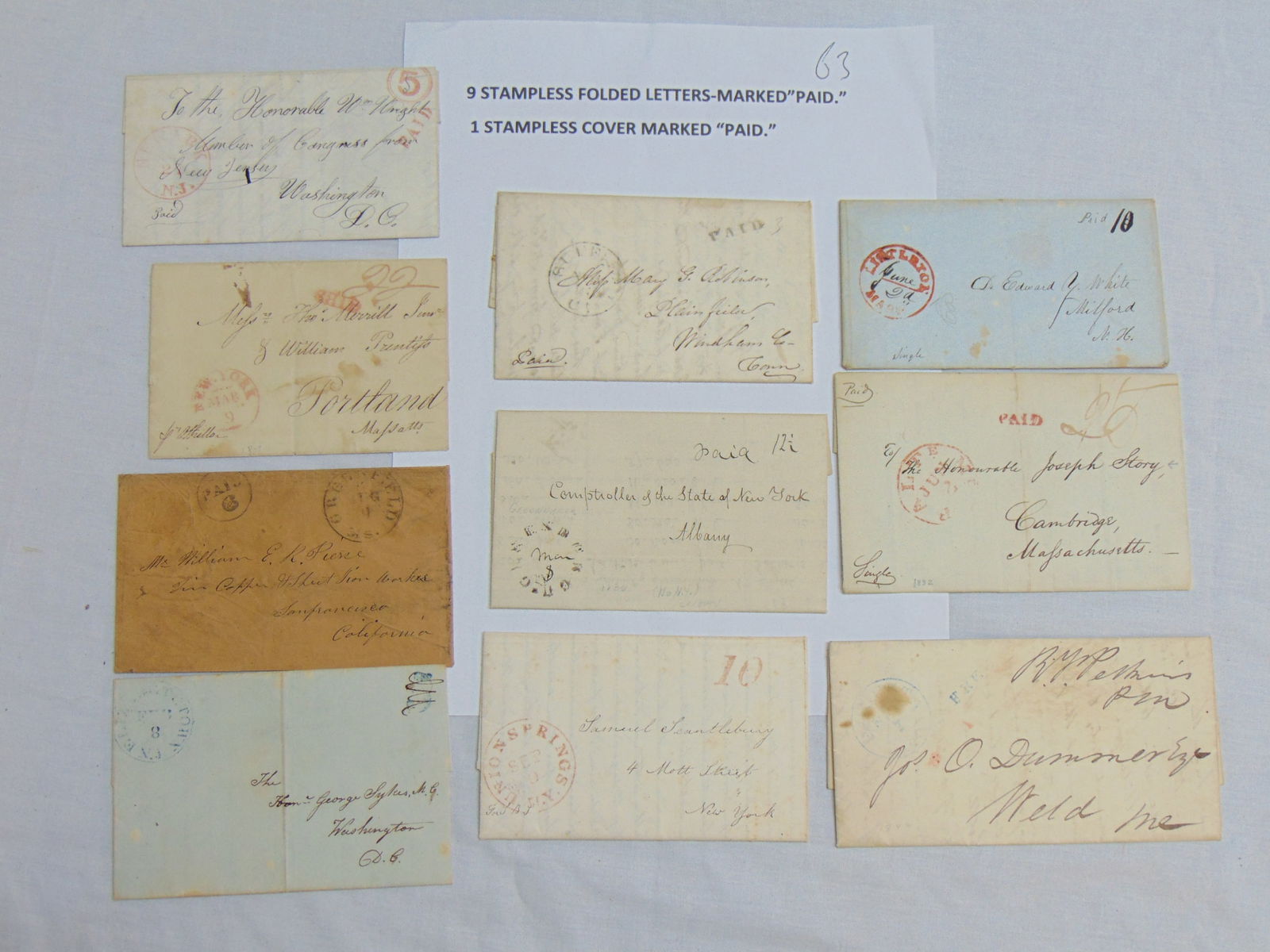 9 stampless folded letters marked "Paid" plus one marked paid, includes letter to Wm. Wright, member (1 of 15)