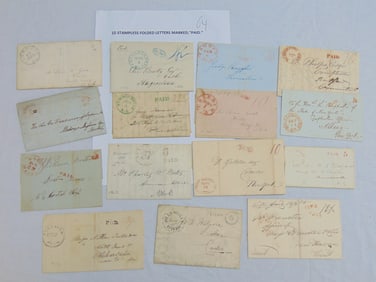 15 stampless folded letters marked "paid", New York, Boston, Hagerstown, more.