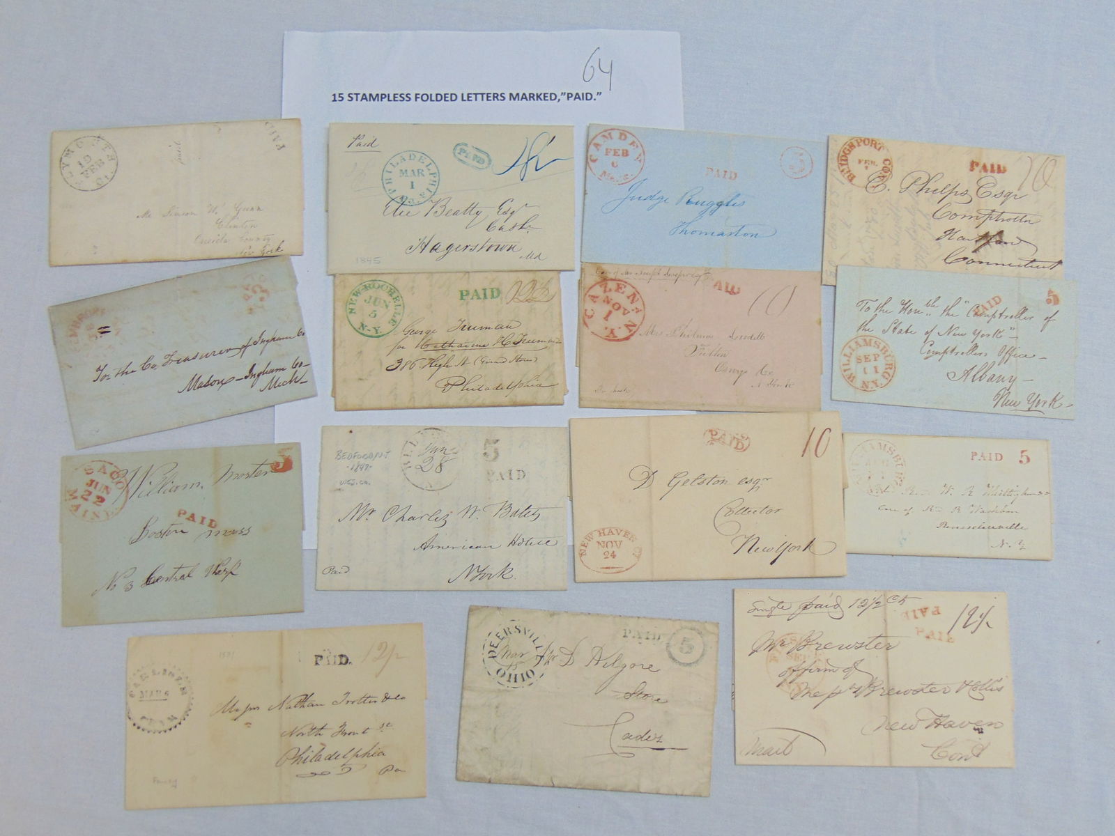 15 stampless folded letters marked "paid", New York, Boston, Hagerstown, more. (1 of 18)