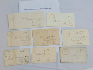 8 stampless folded letters marked "free", early to mid 19th Century