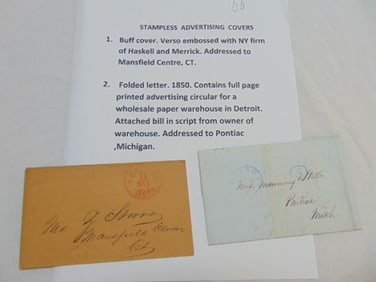 2 stampless advertising covers, buff cover, verso embossed with NY firm of Haskell and Merrick,