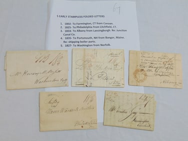 5 early stampless folded letters, includes 1802 to Farmington CT, to Canaan, 1825 to Philadelphia