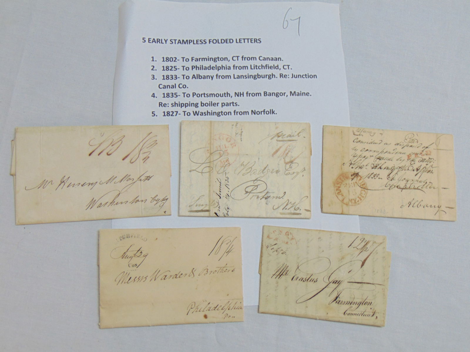 5 early stampless folded letters, includes 1802 to Farmington CT, to Canaan, 1825 to Philadelphia (1 of 8)