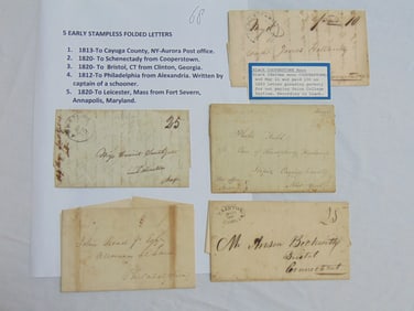 5 early stampless folded letters, 1813 to Cayuga County, NY Aurora post office, 1820 to Schenectady