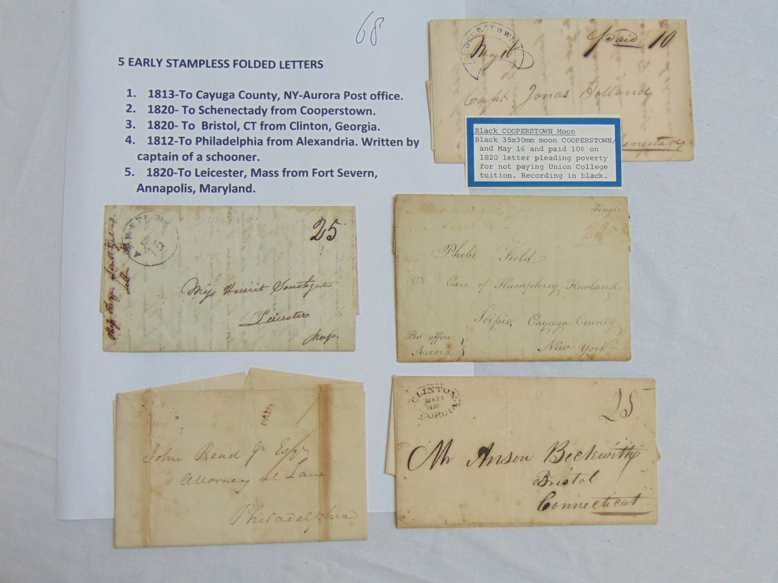 5 early stampless folded letters, 1813 to Cayuga County, NY Aurora post office, 1820 to Schenectady (1 of 11)