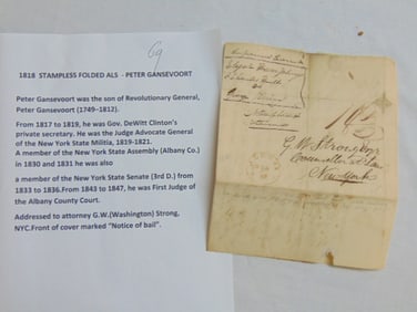 1818 stampless folded ALS, Peter Gansevoort, Peter Gansevoort was the son of revolutionary General