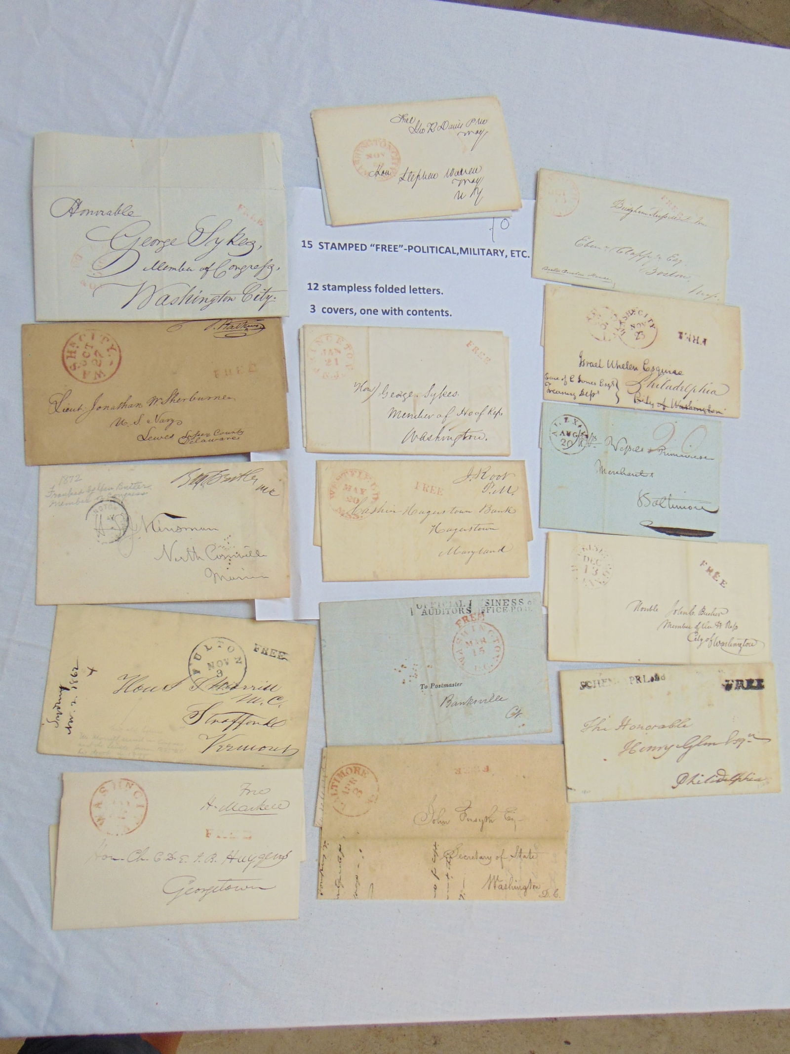 15 letters & covers, stamped "Free" 12 stampless folded letters & 3 covers, one with contents, (1 of 18)