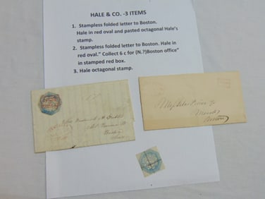 3 Hale & Co stamps, letter stamps, includes stampless folded letter to Boston, Hale stamp in red
