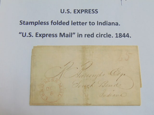U.S. Express stampless folded letter to Indiana, "U.S. Express Mail" stamp in red, dated 1844 (1 of 4)