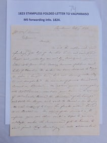 1823 stampless folded letter to Valparaiso, MS forwarding info, 1823