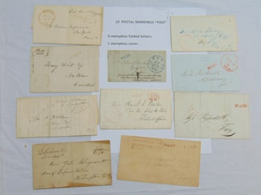 Lot of 10 "Paid" postal markings, 9 stampless folded letters plus one stampless cover, mid 19th