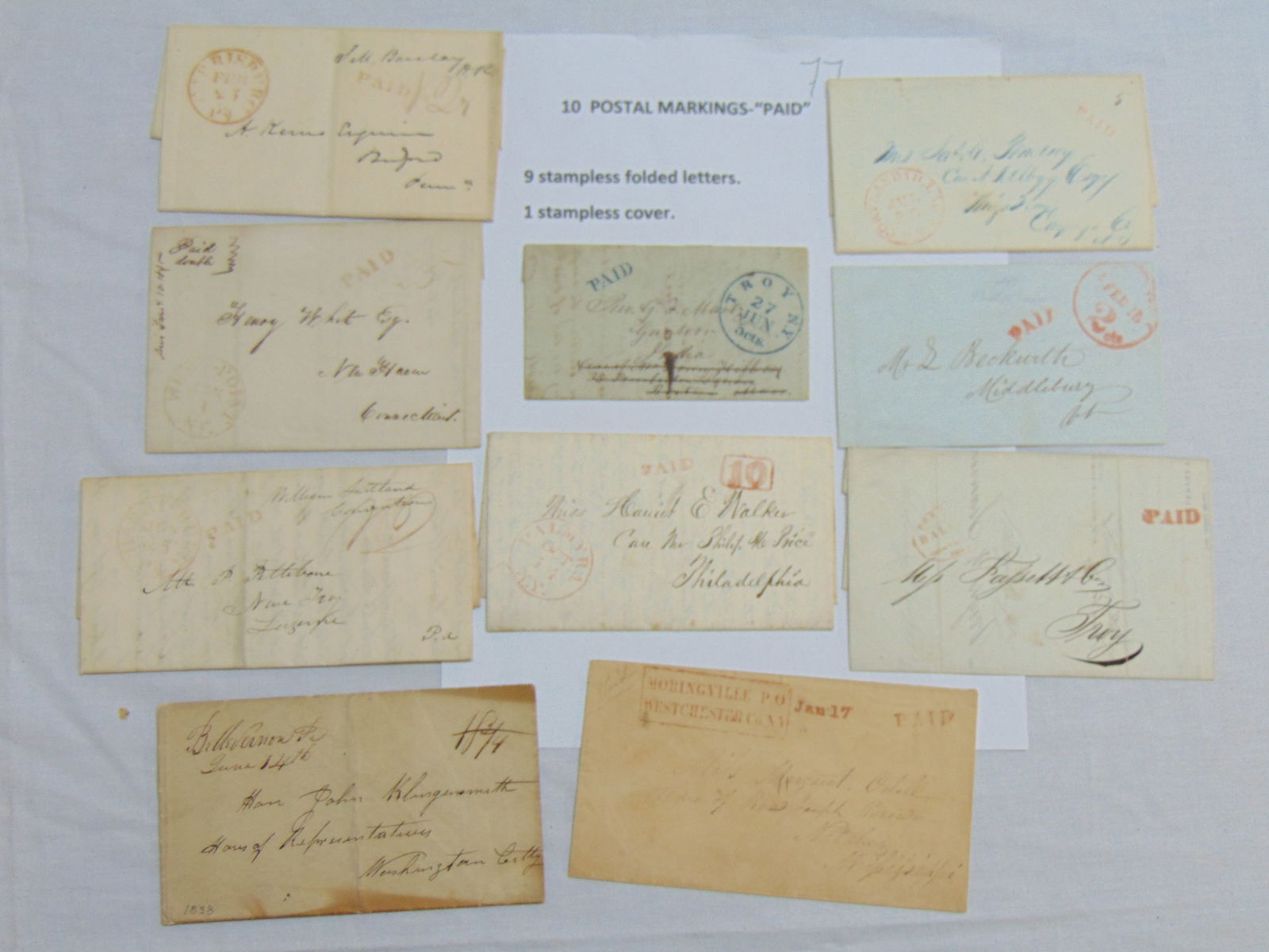 Lot of 10 "Paid" postal markings, 9 stampless folded letters plus one stampless cover, mid 19th (1 of 17)