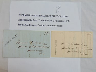 2 stampless folded political letters, 1831, letter addressed to rep. Thomas Fuller, house of
