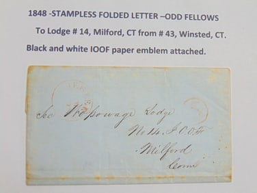 1848 stampless folded letter, Odd Fellows, to lodge #14, Milford, CT, from # 43, Winsted, CT, black