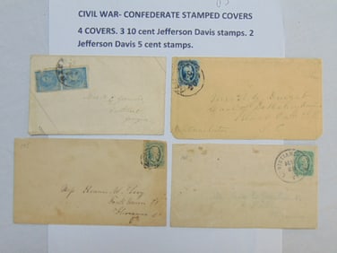 Civil war, confederate stamped covers, 4 covers, 3 10 cent Jefferson Davis stamps and two Jefferson