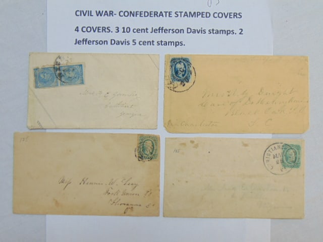 Civil war, confederate stamped covers, 4 covers, 3 10 cent Jefferson Davis stamps and two Jefferson (1 of 9)